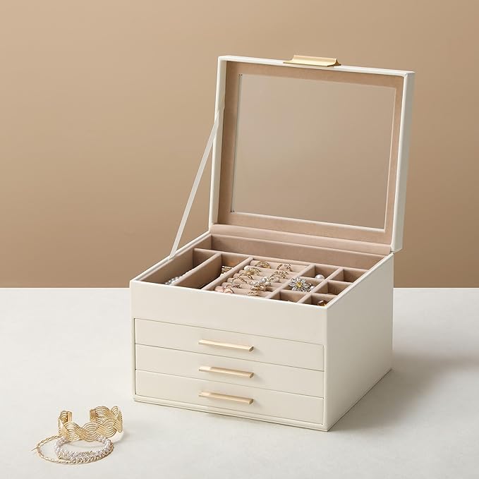 Somduy Jewelry Box Organizer for Women,4 Layers Jewelry Storage Display Box with Glass Lid,Gift for Christmas,3 Drawers,Large Capacity for Necklace Earrings Bracelets Rings,White