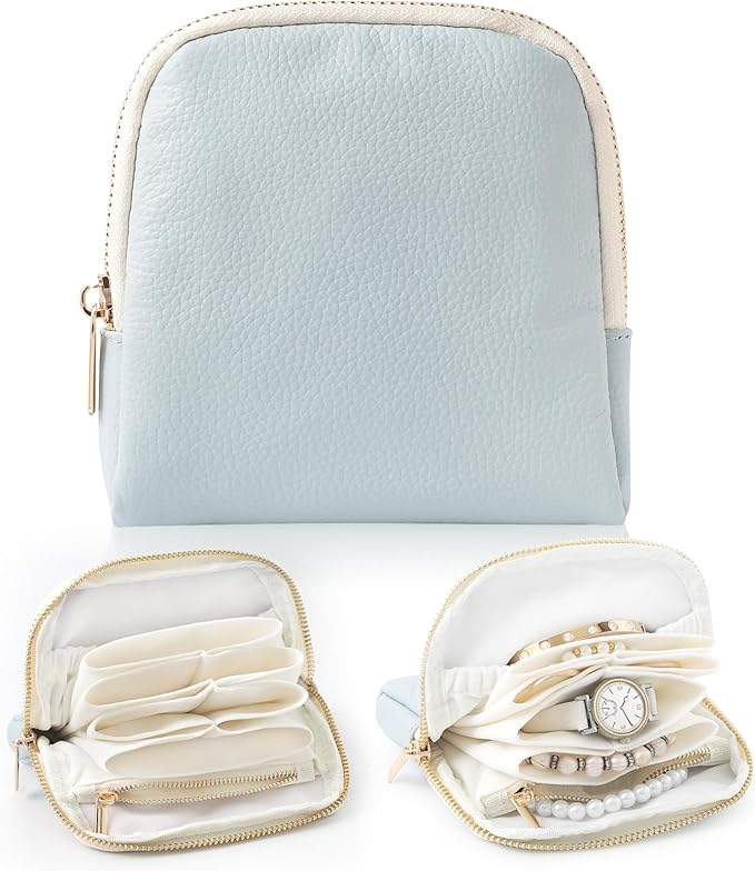 Genuine Leather Travel Jewelry Organizer Case Pouch Bags with Zipper, Small Mini Portable Jewelry Storage Bag for Ring Earrings Necklace Bracelet Travel Essentials Gift for Women（Light Blue）