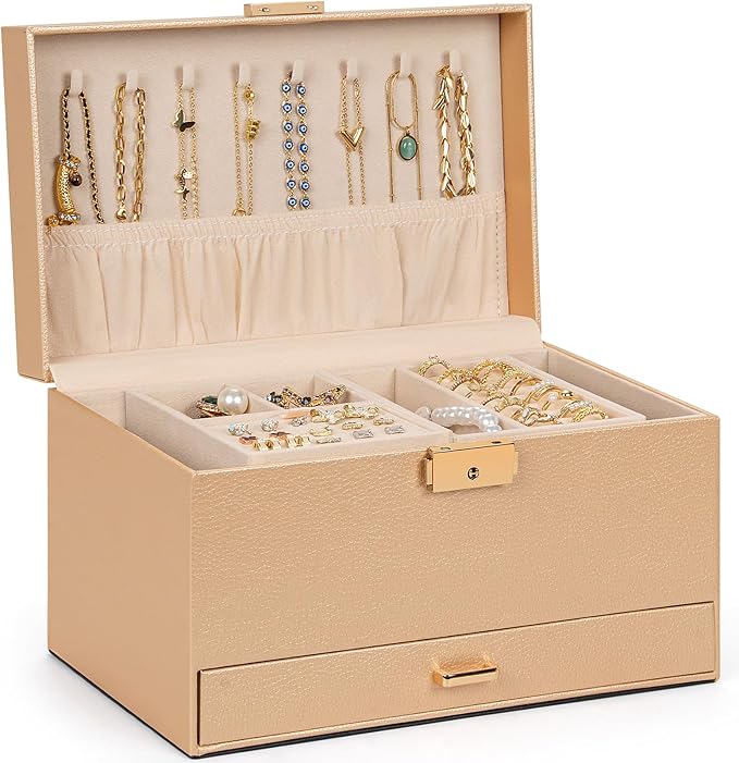 AKOZLIN Travel Jewelry Box Organizer Functional 2-trays Leather Jewelry Storage Case with Lockable Portable Drawer for Women Girls Ring Necklace Earring Bracelet