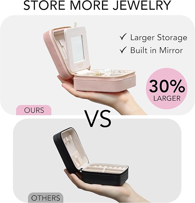 BLUTETE Travel Jewelry Box Organizer Velvet Travel Case With Mirror Ring Earrings Necklaces Storage Organizer Box (Blush)