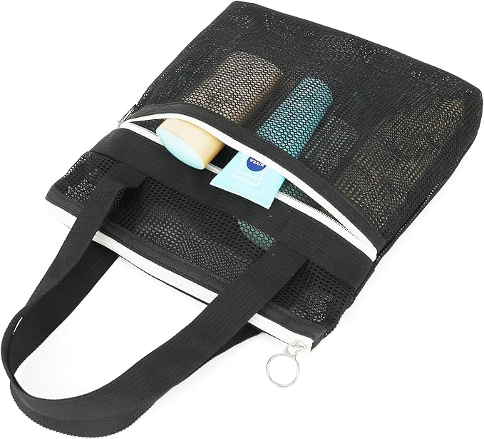Fammart Mesh Shower Caddy Portable with Zipper & 2 Pockets - Quick Dry Shower Bag Toiletry Tote Hanging for Travel Gym Camp Beach - Organizer Bag Bathroom Essentials for College Dorm