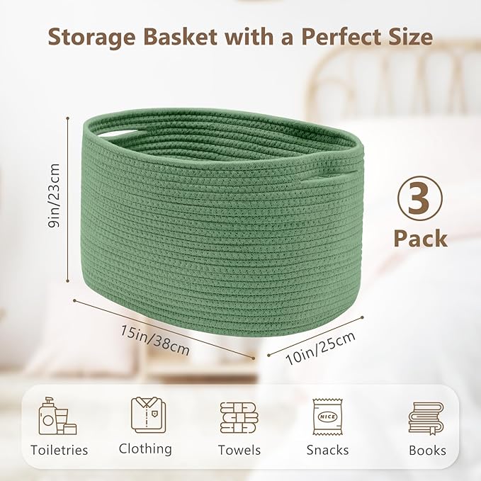 ECDYQXVU Cotton Rope Storage Basket, 15x10x9 Inches, Woven Basket for Shelves, Clothes, Towels, Books, and Laundry, Green (3 Pack)