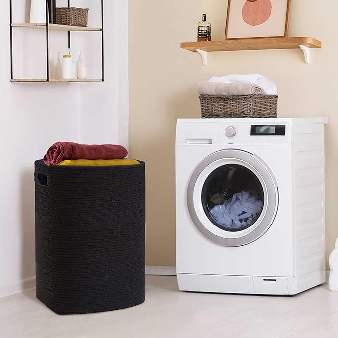 MEGASKET Large Laundry Hamper 16"x13"x22" - Tall Woven Laundry Basket, Cotton Rope Dirty Clothes Hamper, Baby Kids Nursery Wicker Laundry Basket, Bedroom Aesthetic, Soft Laundry Bin, Black Hamper, 75L