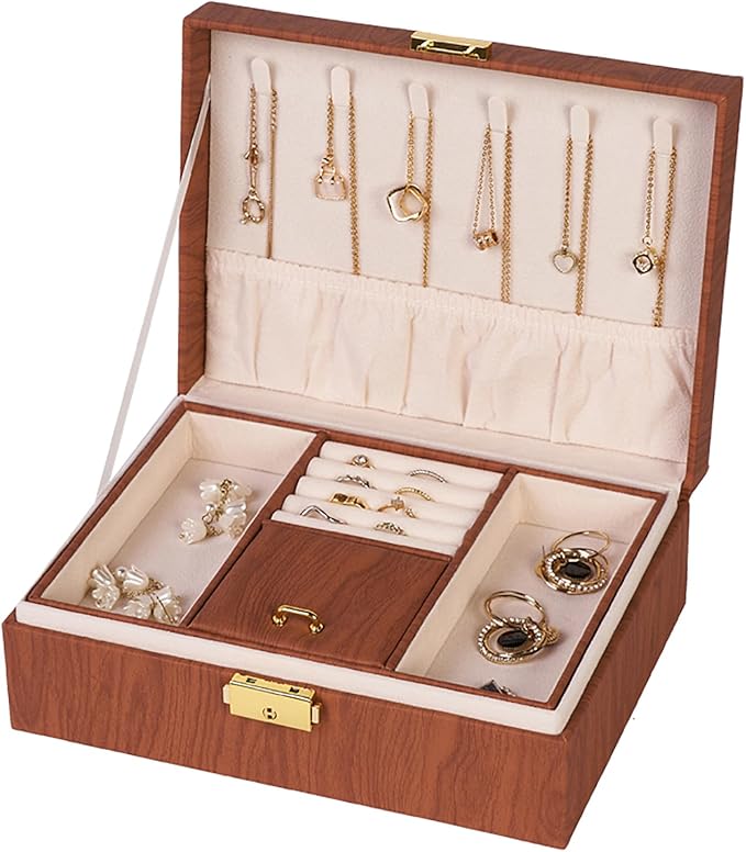 Jewelry Box Organizer for Women Girls Gift, 2 Layer Large Jewelry Storage Case, Vintage Wood PU Leather Display Jewellery Holder with Removable Tray for Necklace (Redwood grain)