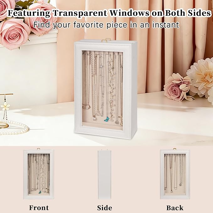 Necklace Organizer Box - 2-Layer Double-Sided Clear Lid Jewelry Storage Case, Anti-Tangle Necklaces Display Holder for Pendants Bracelets, Jewelry Organizer for Women Girls (White)