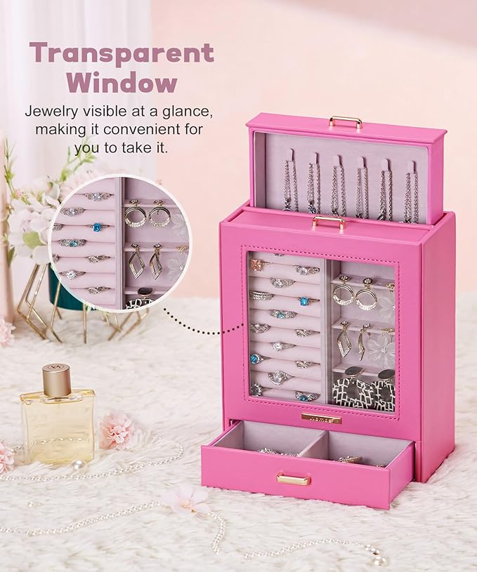 Homde Mothers Day Gifts Jewelry Organizer Girls Women Jewelry Box for Necklaces Rings Earrings Gift Bracelets Storage Case(Pink + Gold)