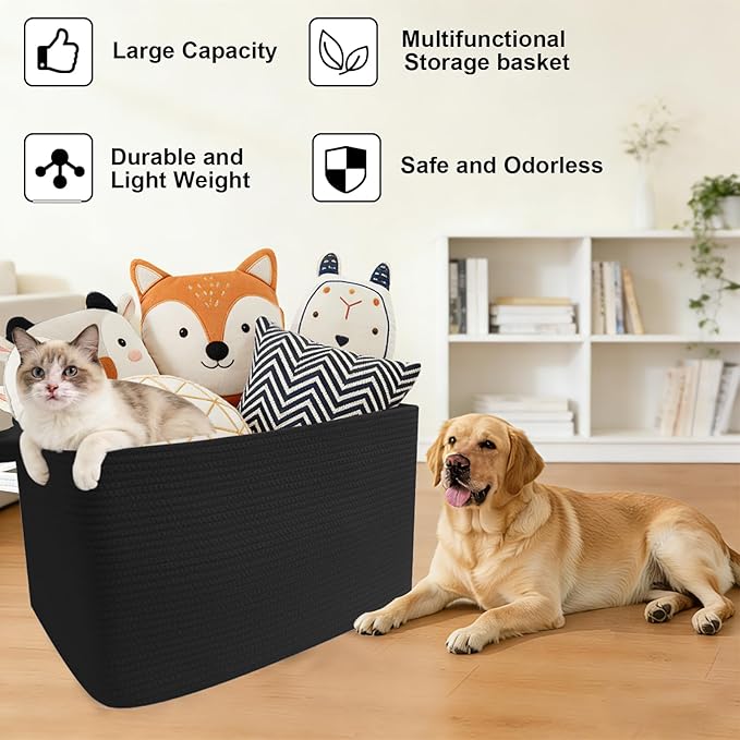 Large Blanket Basket,Woven Rope Basket Storage Bin with Handles,65L Rectangle Laundry Basket for Magazines,Toys,Clothes,Newspaper Shelf Organization,Nursery and Living Room,Black
