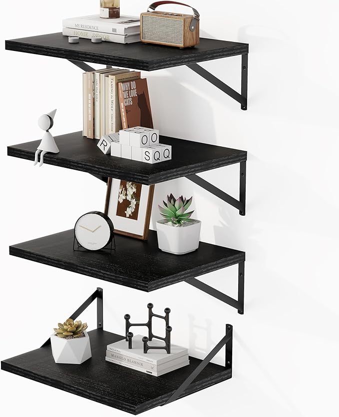Heimlove 12 Inch Deep Floating Shelves for Wall, 16W x 12D Wide Black Floating Shelves Heavy Duty Wall Mounted Shelves, Wood Wall Shelves for Living Room Bedroom Bathroom Kitchen- Set of 4