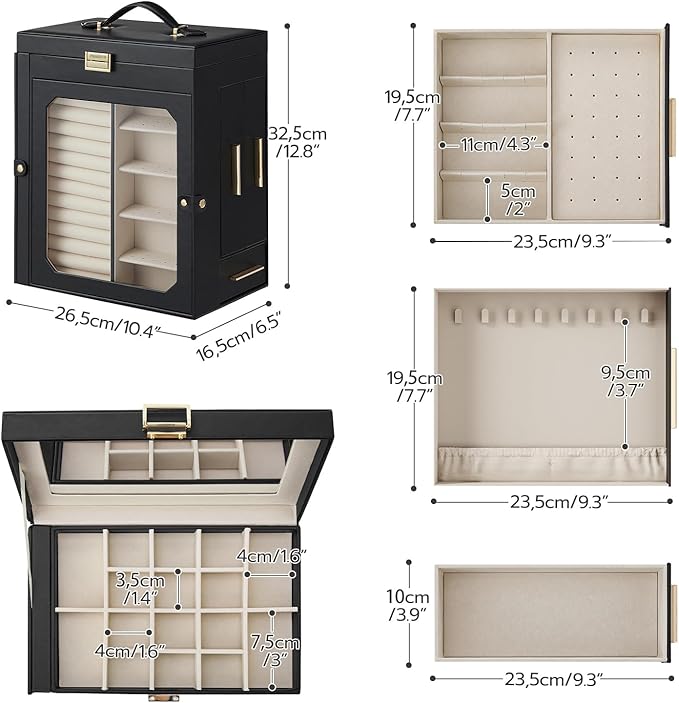 HOOBRO Jewelry Box with Mirror, Travel Jewelry Organizer with Glass Window, Jewelry Storage Case, Vertical Storage, Gift for Loved Ones, for Earrings, Rings, Necklaces, Bracelets, Black BK03JB04G2