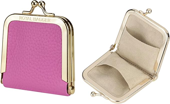 Royal Bagger Genuine Cow Leather Ultra-Slim Mini Jewelry Box, Ring & Necklace Storage, Slim Coin Purse with Kiss Lock for Women 3120 (Rose)