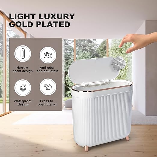 Supteron Bathroom Trash Can with Lid 3.2 Gallon Narrow Trash Can Small Plastic Trash Bin 12 Liter Rectangular Plastic Garbage Can with Press Type Lid for Bedroom Bathroom Milk White