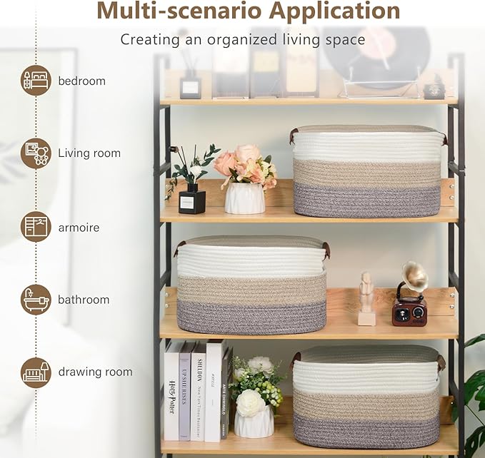 ECDYQXVU Cotton Rope Basket, Storage Baskets with Handle, 15x10x9 Inch Woven Basket for Shelves, Laundry, Towels, Clothes, Books (Gradient Brown 3 Pack)