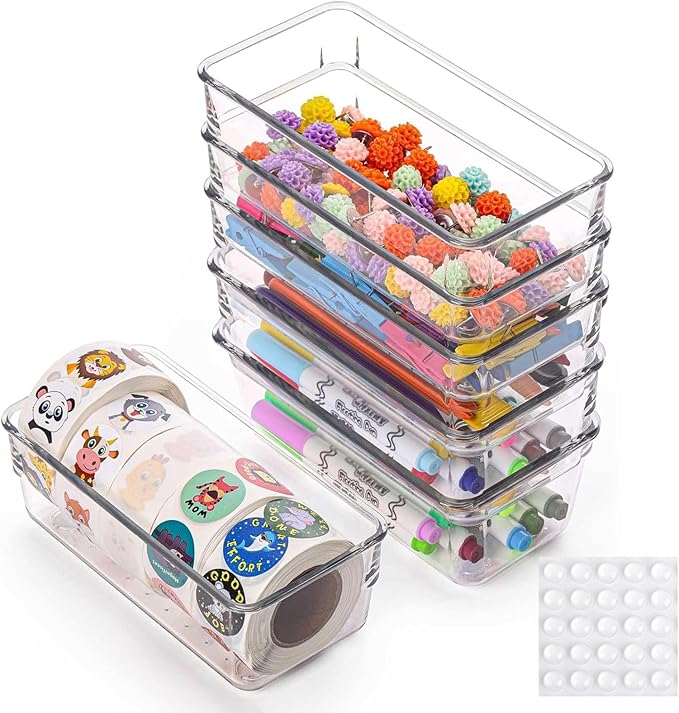 Ohlove 6Pcs Clear Plastic Drawer Organizers Tray 6" x 3" Storage Bins with 25Pcs Non-slip Pads for Makeup, Jewelries, Kitchen Utensils, Bathroom and Office