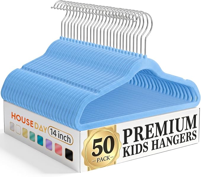 HOUSE DAY 14 Inch Kids Velvet Hangers 50 Pack, Durable Big Kids Hanger for Youth, Non Slip Kid Felt Hangers, Cute Childrens Hanger for Closet, Blue