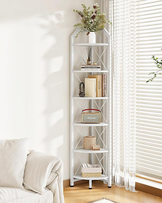 CHOEZON 6-Tier Industrial Corner Shelf, 71.2" Corner Storage Stand, Plant Stand Display Shelf, Corner Bookcase for Bedroom, Living Room, Home Office, White TCJ11WB