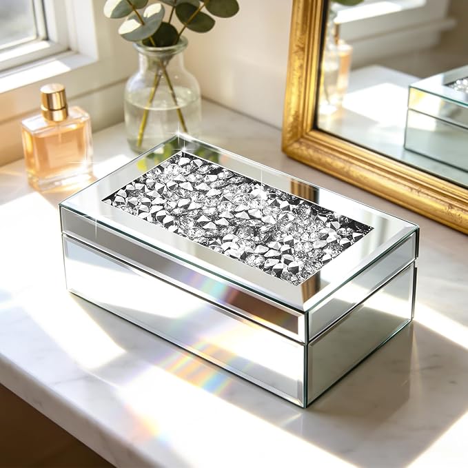 Luxury Mirrored Jewelry Box with Crushed Diamond - Glass Jewelry Box Organizer Storage for Women, Ring Holder Case for Dresser and Decorative