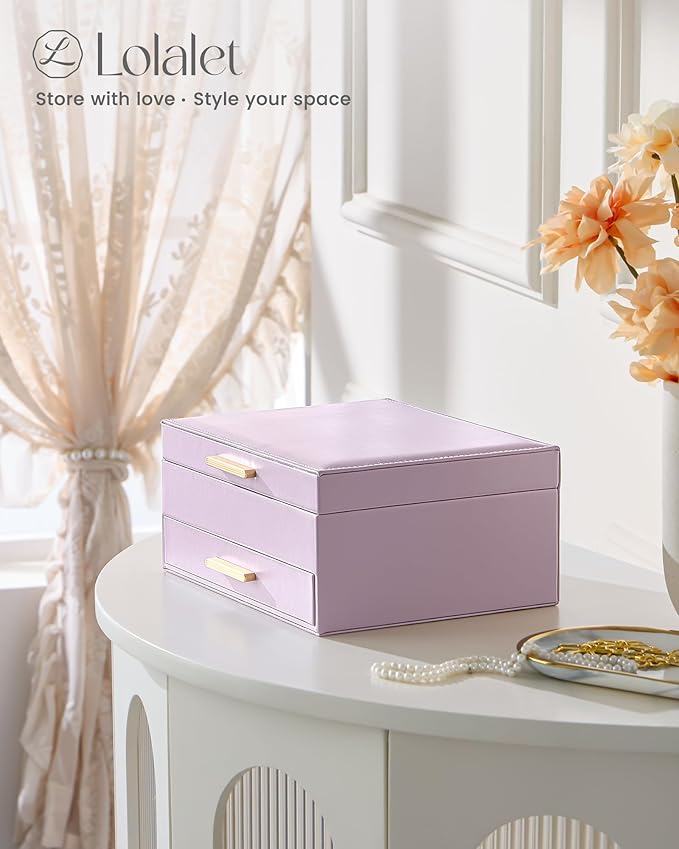 Lolalet 2-Layer Jewelry Box Organizer for Women Girls, Jewelry Storage Case Holder with Drawers for Necklaces Ring Earrings Bracelet Watch, Gifts Choice for Mom Mother’s Day -Purple