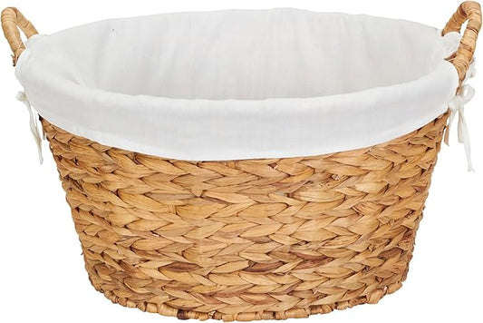 Household Essentials Round Wicker Laundry Basket with Handles, Whimsical Water Hyacinth Basket, Supportive Metal Frame, Removable Polyester Liner, Handwoven, Well-Structured and Versatile, Natural