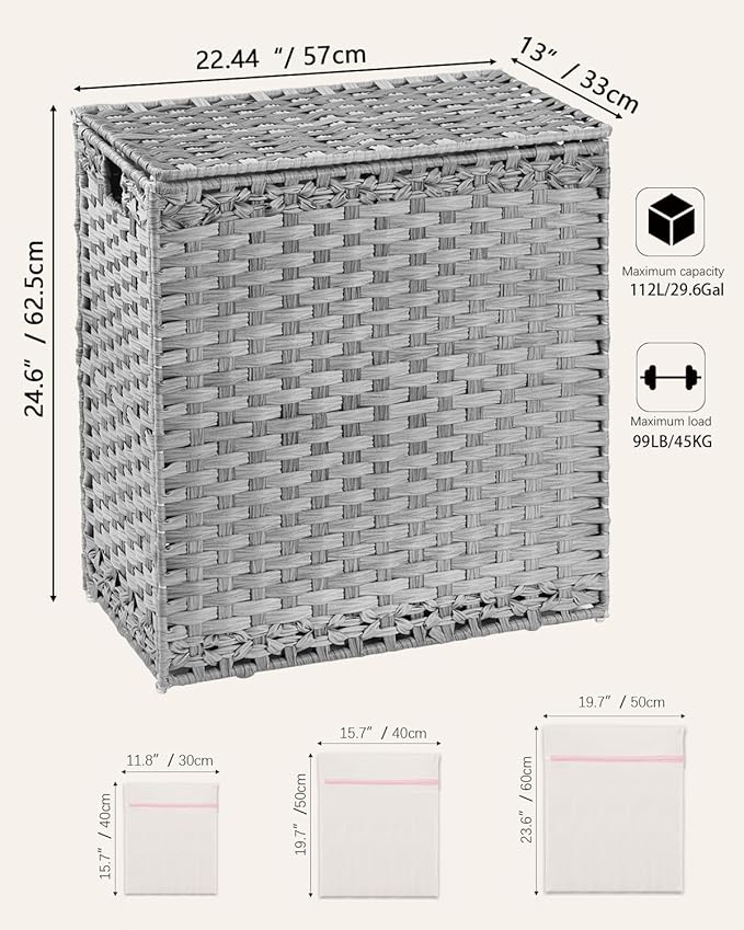 SETVSON Laundry Hamper with Lid Wicker Laundry Basket 112 L (29.6 Gal) Laundry Hampers Handwoven Rattan Clothes Hamper with Handles 3 Removable Liner Bag, 6 Mesh Bags for Bathroom Bedroom Gray