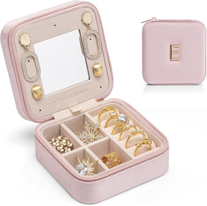 Vlando Small Travel Jewelry Box Organizer Display Case for Rings Earrings Necklaces Storage, Selected Soft Velvet, Letter E Engraved, Pink