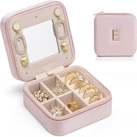 Vlando Small Travel Jewelry Box Organizer Display Case for Rings Earrings Necklaces Storage, Selected Soft Velvet, Letter E Engraved, Pink