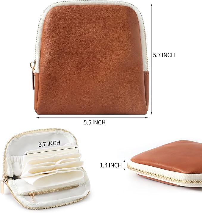 Genuine Leather Travel Jewelry Organizer Case Pouch Bags with Zipper, Small Mini Portable Jewelry Storage Bag for Ring Earrings Necklace Bracelet Travel Essentials Gift for Women（Brown）
