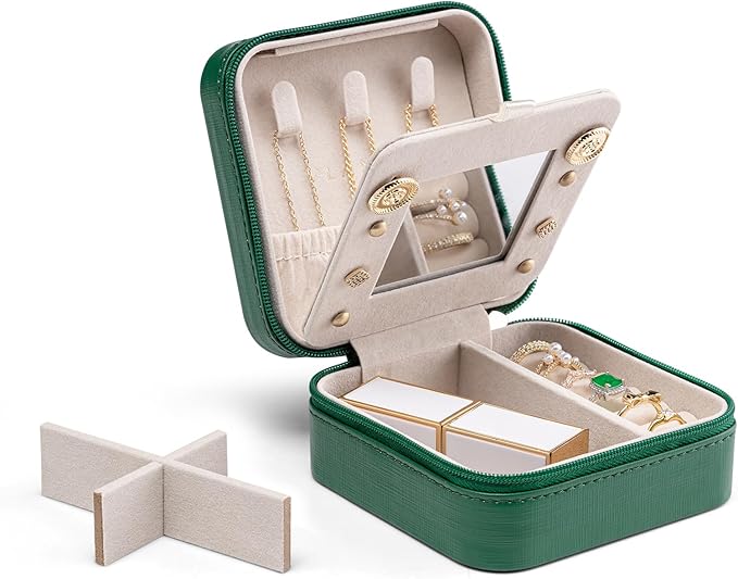 Vlando Small Travel Jewelry Box Organizer - Mirrored Jewelries Necklaces Rings Earrings Necklace Storage Case, Dark Green