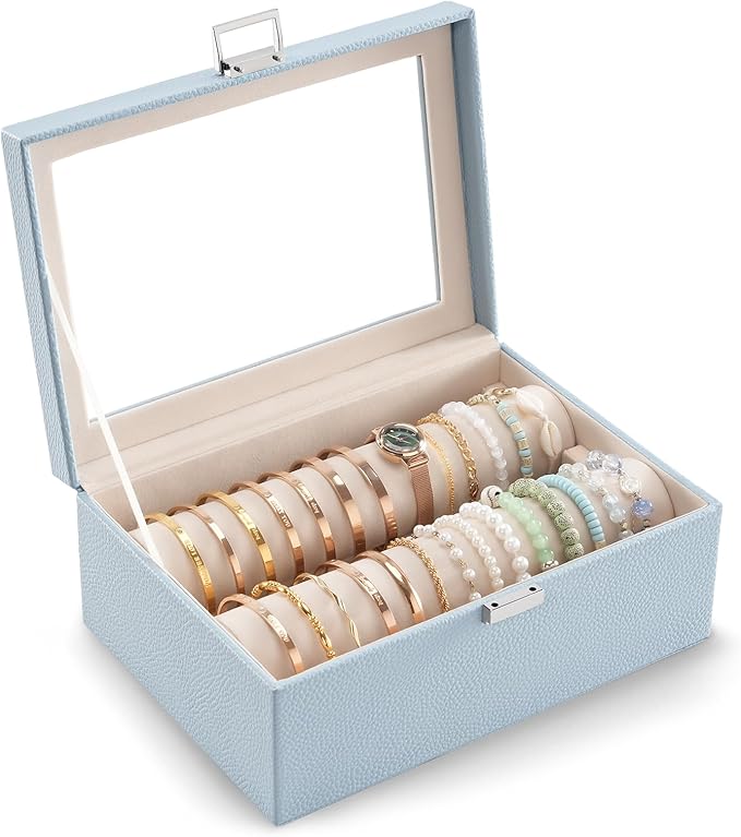 Lolalet Bracelet Display Holder with Rods for Bangles Watches, Clear Lid Jewelry Organizer Box Storage Case for Mothers Day Gifts -Blue, 2 Rolls