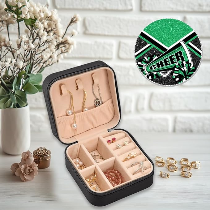 Cheerleader Travel Jewelry Case, Cheer Travel Jewelry Box for Women, Mini Jewelry Travel Case for Cheer Team, Cheerleader Gifts for Girls (Green)