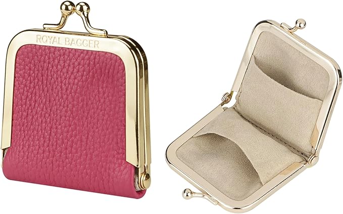 Royal Bagger Genuine Cow Leather Ultra-Slim Mini Jewelry Box, Ring & Necklace Storage, Slim Coin Purse with Kiss Lock for Women 3120 (Watermelon Red)