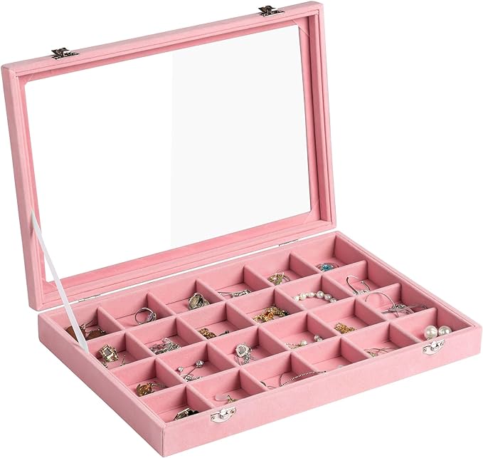 Frebeauty Velvet Jewelry Tray,24 Grid Jewelry Organizer with Clear Lid,Earring Holder Organizer with Clasp,Drawer Insert Rings Pendants Brooches,13.8 x 9.5 x 2 Inches,Gift for Women(Pink)
