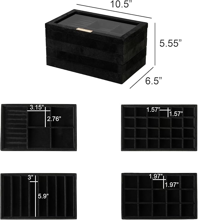 Frebeauty Stackable Jewelry Trays, Velvet Drawer Jewelry Organizer with Glass Lid,5 in 1 Multi-Functional Jewelry Storage for Earrings Necklaces Rings, 10.5 x 6.5 x 5.55 Inches Gift for Women(Black)