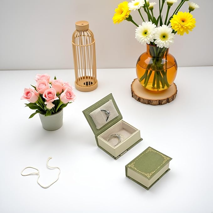 Book Shaped Ring Box - Vintage Engagement Ring Box with Hinged Lid for Proposal Engagement Wedding, Proposal Ring Case-PRB012-Green