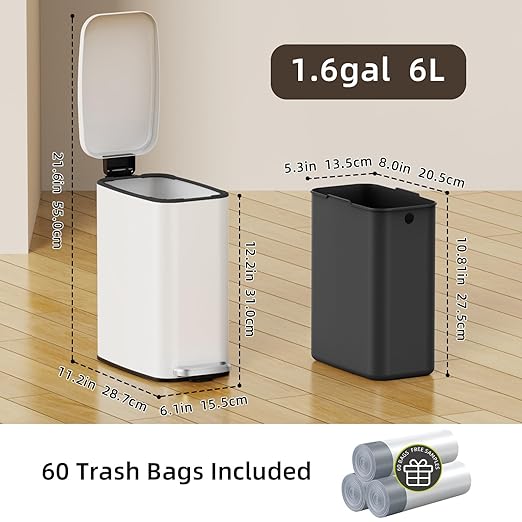 KSSKSS Small Bathroom Trash Can with Lid Soft Close, Step Pedal, 6L / 1.6 Gal Stainless Steel Garbage Bin with Removable Inner Bucket, Slim Wastebasket for Narrow Spaces (White)
