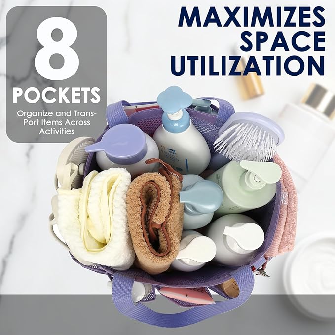 GYEUKHAM Large Mesh Shower Caddy Portable with 8-Pocket for College Dorm Room Essentials,Quick-Dry Handing Shower Basket Tote Bag for Toiletry, Bathroom,Beach,Camp,Gym,Purple