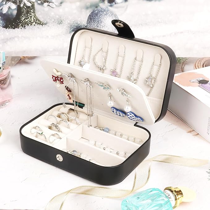 Travel Jewelry Case for Women Girls,PU Leather Small Travel Box Organizer, 6.3x4.3,Black,1Pack