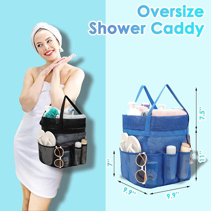 Fammart Mesh Shower Caddy Portable with Drawstring, Dorm Room Essentials for College Girls Guys, 8-Pocket Extra Large Shower Bag Basket Tote for Camping Beach Gym Travel Toiletry Bathroom