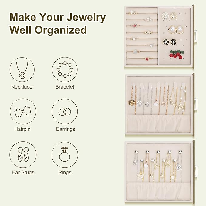DesignSter Jewelry Box Organizer, Jewelry Box for Women, PU Jewelry Organizer Display Case with Side Drawers, Jewelry Storage for Earring Necklace Ring Bracelet Watch