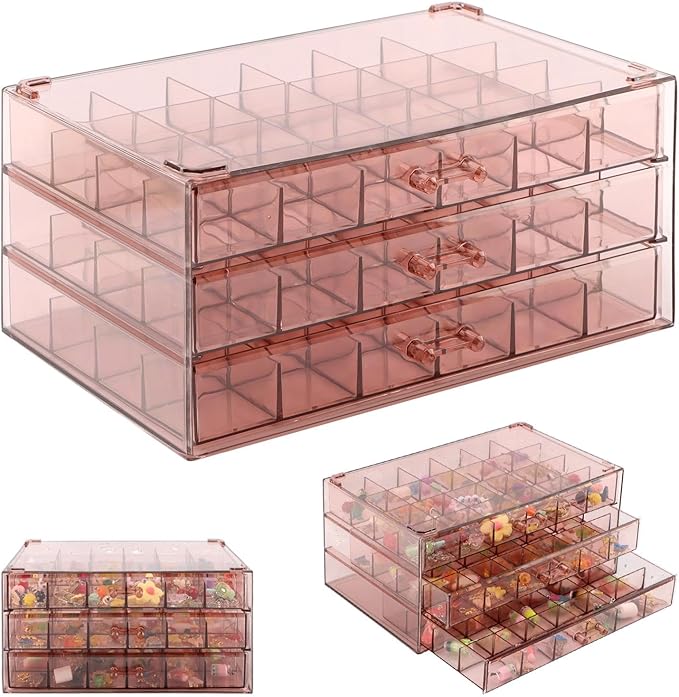 Jewelry Organizer, Earring Holder Organizer Box with 3 Layers, 72 Grids Earring Case, Craft Storage Containers for Nail Charms, Ring, Earrings(Tan)