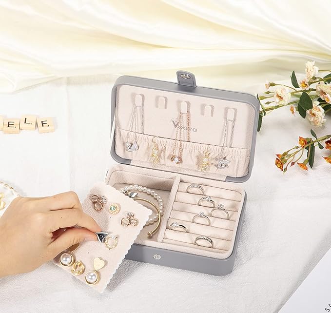 Voova Jewelry Box Organizer for Women Girls, 2 Layer Large Men Jewelry Storage Case, PU Leather Display Jewellery Holder with Removable Tray for Necklace Earrings Rings Bracelets (Grey, Small)