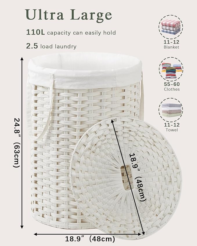 SETVSON Laundry Basket with Lid Round Rattan Laundry Hamper with Lid and Handles 29.1 Gal (110 L) Handwoven Woven Basket with Removable Bags and 2 Mesh Bags for Bathroom Living Room White