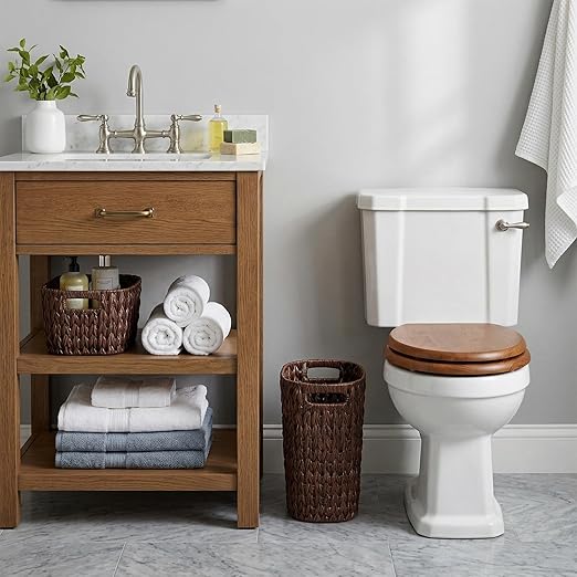 Coeusy 5 Gallon Wicker Trash Can Brown,Bathroom Trash Can with Handles,Handwoven Waste Basket Waterproof Narrow Small Garbage Can for Bedroom,Bathroom,Office