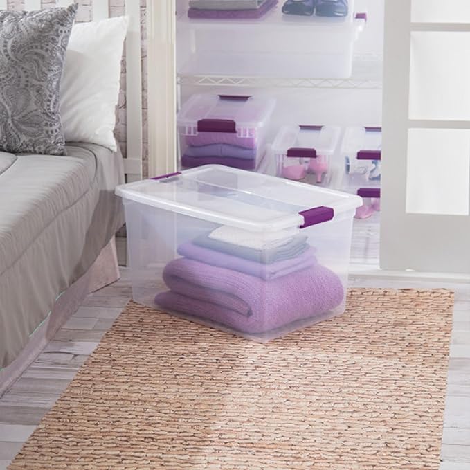 Sterilite 66 Qt ClearView Latch Storage Box, Stackable Bin with Latching Lid, Organize Clothes, Blankets, Items in Closet, Clear Base and Lid, 24-Pack