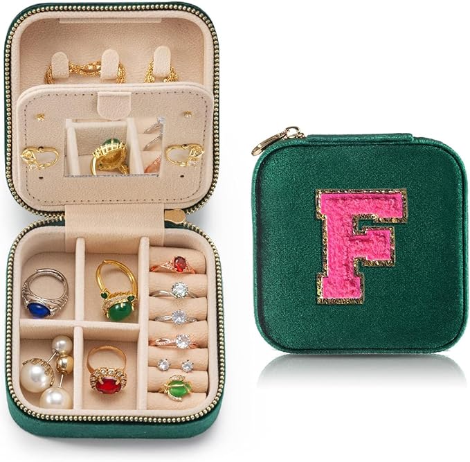 Personalized Velvet Travel Jewelry Case Box For Women Ring Necklace Earring Holder Organizer with Mirror Green Girls Box Birthday Gifts Mom Initial F