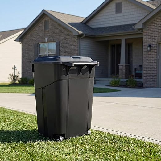32 Gallon Outdoor Trash Can with Lid, Heavy-Duty Wheeled Garbage Bin for Backyard, Deck or Garage, Black, Can with Attached Snap Lock Lid and Heavy-Duty Handles (32 Gallon)
