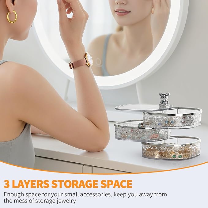 LETURE 3-Layers Rotatable Jewelry Organizer Storage Box, Clear Ripple Jewelry Holder Case for Ring Earring Necklaces Bracelets Makeup Hair Accessories, Small Rotating Jewelry Tray for Women (Clear)