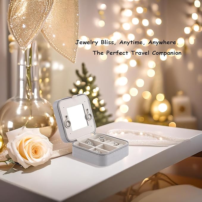 Vlando Small Travel Jewelry Box Organizer - Mirrored Jewelries Necklaces Rings Earrings Necklace Storage Case, Gray