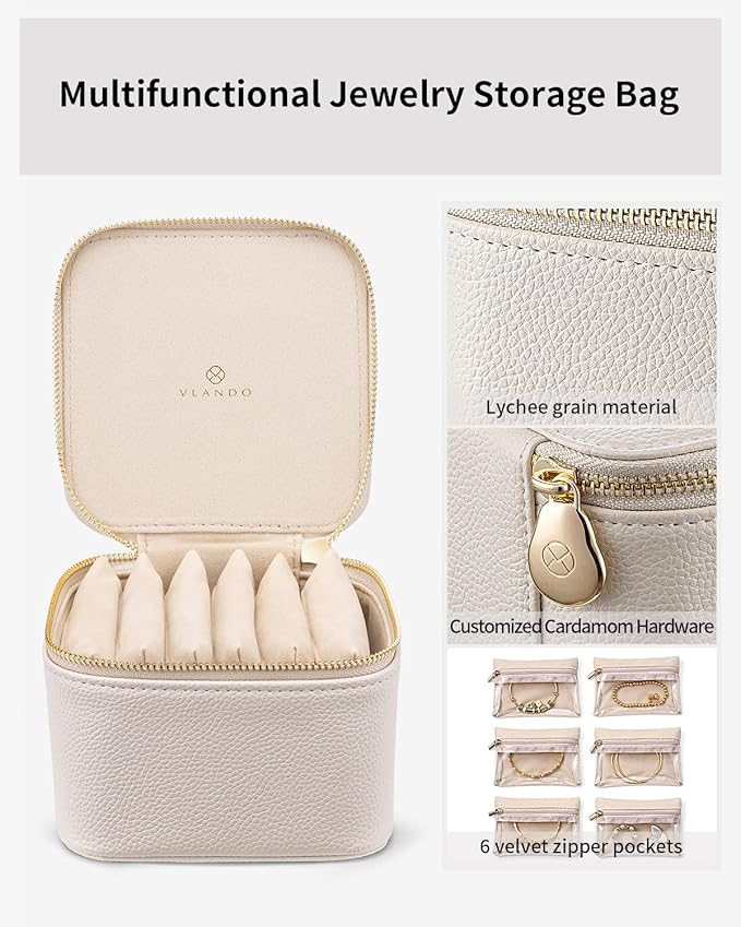 VLANDO Jewelry Travel Case,Valentines Gift,Travel Jewelry Organizer with Clear Velvet Jewelry Bags 6Pcs Zipper Pouch for Women Girl Birthday Gift-White