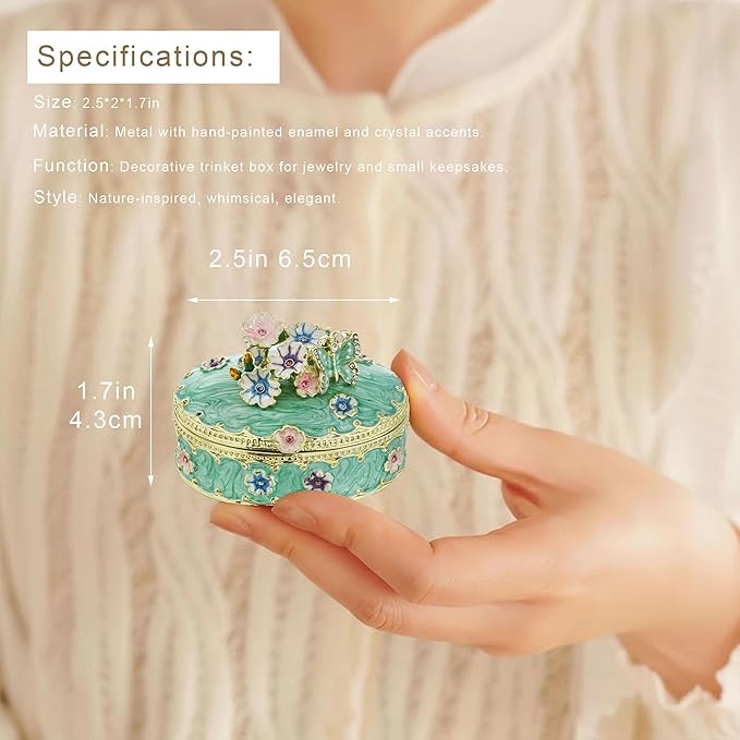 YU FENG Enamel Butterfly Trinket Box Jewelry Organizer, Decorative Hinged Keepsake Box – Green Floral Butterfly Box