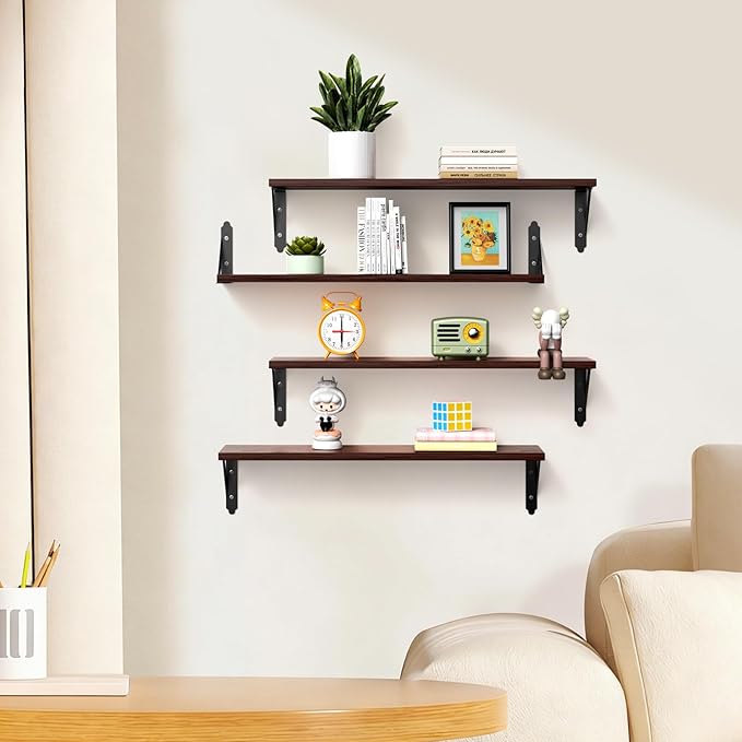 ROMGUAR CRAFT Wood Floating Shelves Set of 4, Rustic Storage Decor Wall Shelves, Wall Mounted Shelf for Living Room, Bedroom 23.6" x 6", Brown